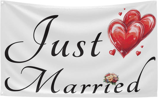 Just Married Flag Banner Outdoor Indoor Decoration Flag 3x5 FT Double Stitched Polyester with Brass Grommets (White)