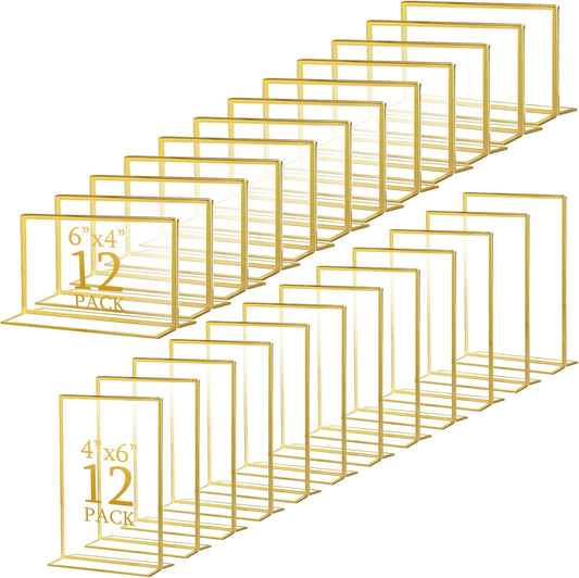 Hoteam 24 Pack 4 x 6/6 x 4 Clear Acrylic Sign Holder with Gold Border, Gold Picture Frame, Double Sided Wedding Table Number, Acrylic Menu Stands for Wedding Table, Restaurant Sign, Photos Display
