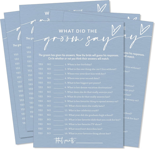 Fun Wedding Shower Games Cards, What Did the Groom Say, Bridal Shower Games for 25 Guests, Engagement Party Wedding Game Cards (5 × 7 Inch), Minimalist Blue Newlywed Party Gift & Supplies - B12